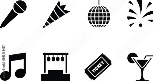 Leisure and event flat black icons including music microphone dance floor and refreshment beverages