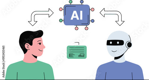 A smiling young man exchanges data or information with a friendly humanoid robot centered around a glowing AI processing chip graphic.