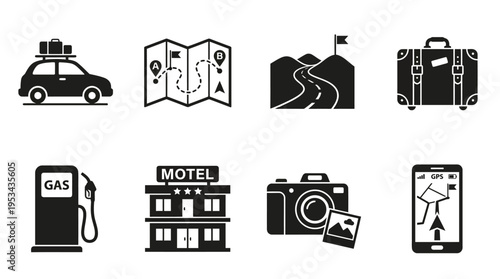 Travel Planning Icons Vector – Calendar, Map, Ticket, Suitcase, Checklist, Compass, Camera, Backpack