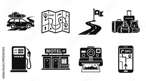 Travel Planning Icons Vector – Calendar, Map, Ticket, Suitcase, Checklist, Compass, Camera, Backpack