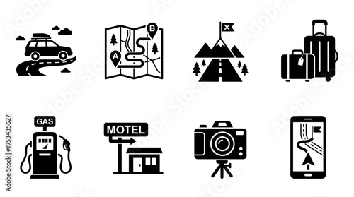 Travel Planning Icons Vector – Calendar, Map, Ticket, Suitcase, Checklist, Compass, Camera, Backpack