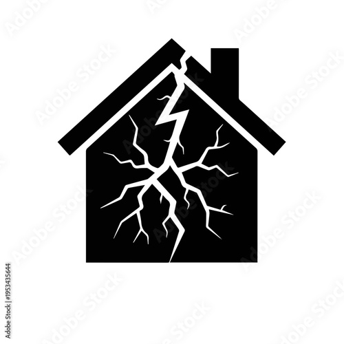 poignant black and white minimalist icon of a house silhouette with a large crack through the center, symbolizing a broken home, family dysfunction, and lost security