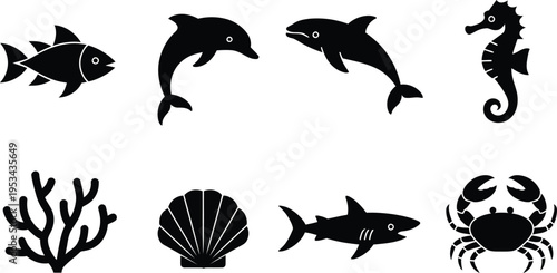 Marine life and ocean creatures silhouette collection featuring sea animals and aquatic environment