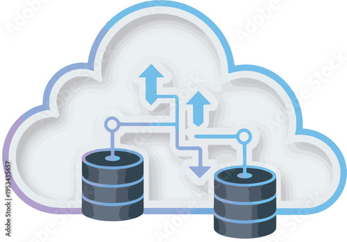 Cloud data storage illustration shows two database cylinders connected to a central cloud shape via transfer arrows symbolizing data synchronization and backup processes.