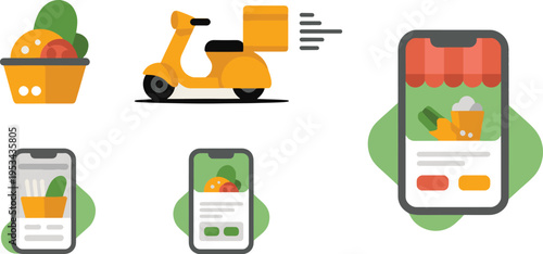 Set of flat design icons depicts a scooter delivering groceries from an online application interface shown on multiple smartphone screens.