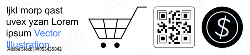 E-commerce, digital payments, online shopping, financial transactions, scanning technology, business operations. Shopping cart, QR code dollar symbol and placeholder text. E-commerce and digital