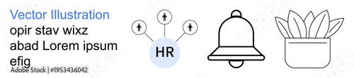 Team management, notifications, workplace organization, minimalism, human resources, and productivity. Network structure, notification bell and a potted plant. Team management and workplace