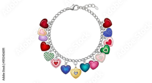 Beautifully crafted silver bracelet featuring an array of dazzling heart-shaped charms in various colors and patterns, ideal for a heartfelt gift or stylish accessory