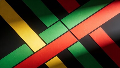 Abstract Pan African colors background for Black History Month. Red green and yellow geometric strips on black. Juneteenth celebration concept