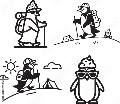 Adventurous Penguin Mascot Vector Set: Minimalist Black and White Icons of a Cool Penguin Character Hiking, Boating, and Camping with Sunglasses and Backpack