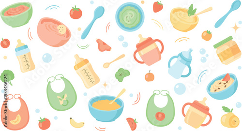 Baby Food and Feeding Illustration Set with Puree Bowls Bottles Bibs Fruits and Infant Nutrition Elements for Newborn Weaning Nursery Vector Design.