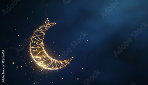 Glowing golden crescent moon ornament. Islamic holiday decoration on a dark blue background. Ramadan and Eid celebration symbol