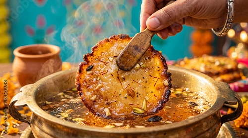 Hand dipping a traditional Malpua pancake into saffron syrup for Rajasthani Gangaur festival