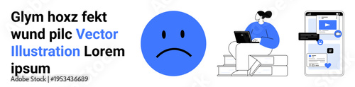 Emotional expression, digital communication, technology concepts, online interactions, connectivity, social media apps. Blue sad face emoticon, person using a laptop smartphone interface. Emotional