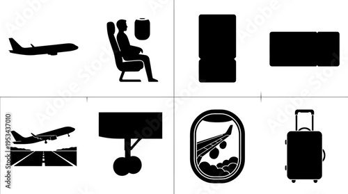 Airport Icons Vector – Airplane, Terminal, Boarding Pass, Security Scanner, Luggage, Control Tower Graphic