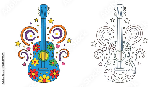 Colorful Floral Guitar Illustration and Line Art for Kids Coloring Page, Hippie Style Musical Instrument Vector with Flowers Hearts and Stars for Creative Hobby and Educational Activity