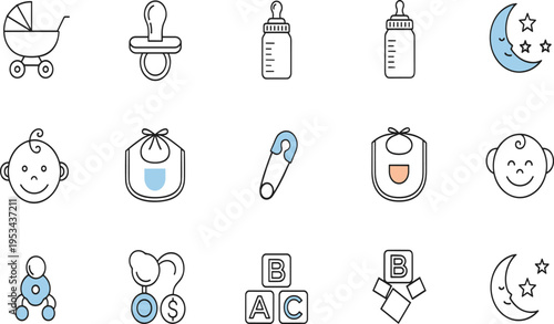Baby Line Icon Set with Stroller Pacifier Bottle Bib Safety Pin Moon and Newborn Care Elements Outline Vector Illustration Design.