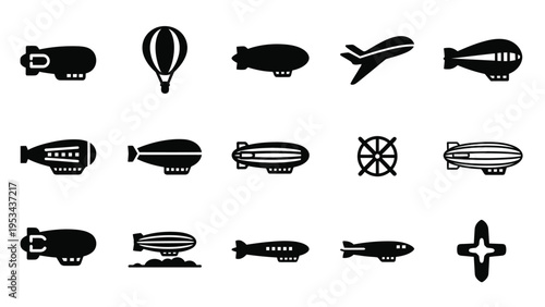 Set of black and white airship icons, including various blimps and planes, for travel and transportation designs