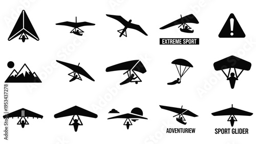 Vector set of mountain silhouette icons featuring various airplanes, helicopters, and jets flying over peaks for travel and aviation transportation illustrations
