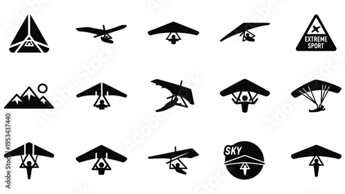 Set of vector icons of mountains featuring a 3d military fighter jet and an airbus airliner flying through the sky for air travel and transportation