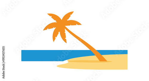 Palm tree on sandy beach in minimalist flat design with blue ocean in bright sunny lighting for travel brochure
