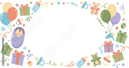 Baby Shower Frame Illustration with Balloons Gifts Pacifiers Bottles Teddy Bear and Newborn Celebration Elements for Invitation Card Nursery Vector Design.