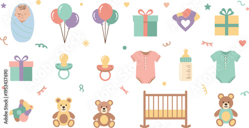 Baby Shower and Newborn Essentials Illustration Set with Gifts Balloons Pacifiers Clothes Bottle Crib and Teddy Bears for Nursery Celebration Vector Design.