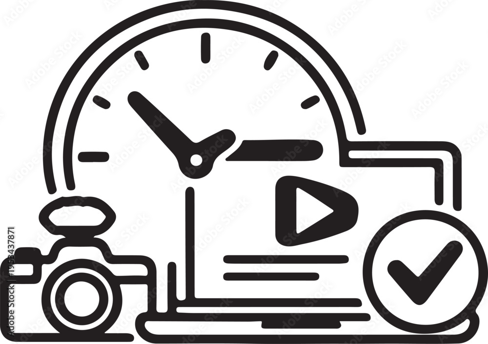 Obraz premium Time management icon set with camera clock and video play button representing productivity and workflow for creative projects flat vector illustration