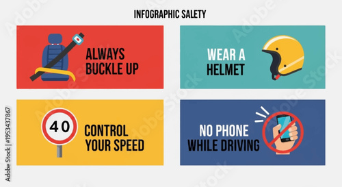 Road safety infographic with four important driving tips and colorful graphics