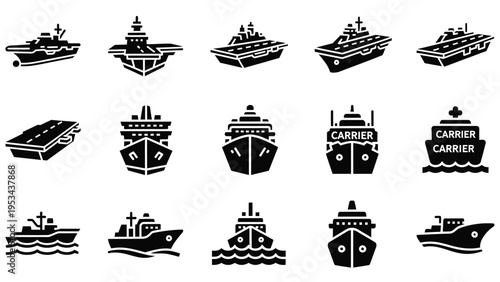 Set of various naval vessels and maritime transport icons showing different perspectives and types of ships