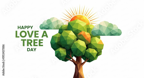 Vibrant tree with green leaves and sun rays on white background celebrating love a tree day with eco friendly theme