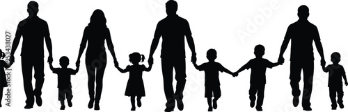 Black silhouettes of adults and children holding hands in a row