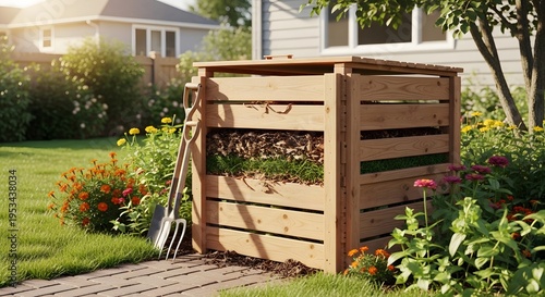 A wooden compost bin in a garden with flowers and a house