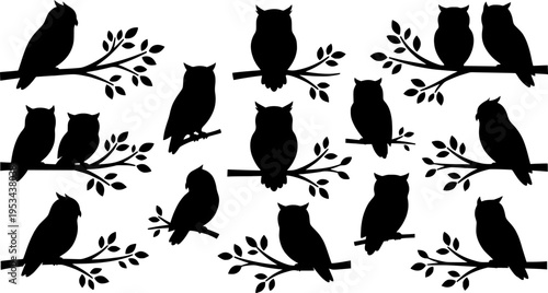 set vector various owl, owl sitting on a tree branch silhouettes
