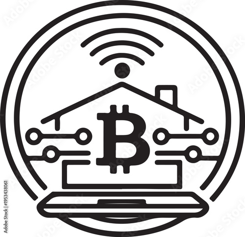 Bitcoin cryptocurrency symbol integrated into a smart home icon representing digital finance and connected technology vector illustration for finance and tech concepts