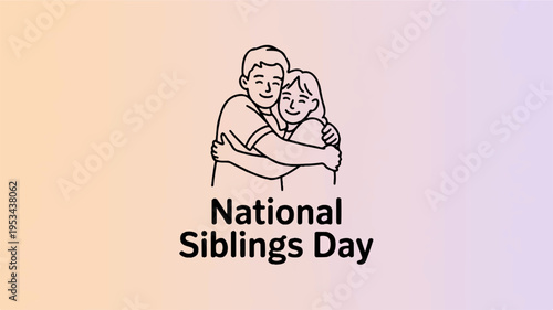 Minimalist poster design for national siblings day with a line drawing of a sibling hug on a pastel background