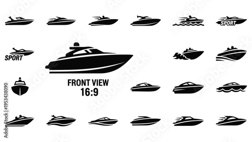 Modern motor yacht and fast speedboat front and side views