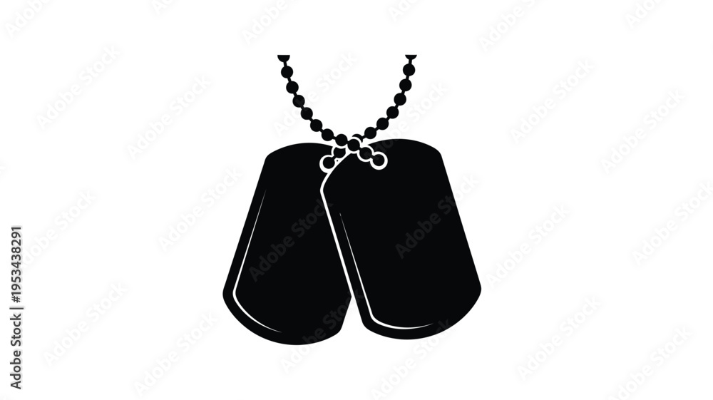 Fototapeta premium Black dog tags hang suspended a stark military emblem silhouette