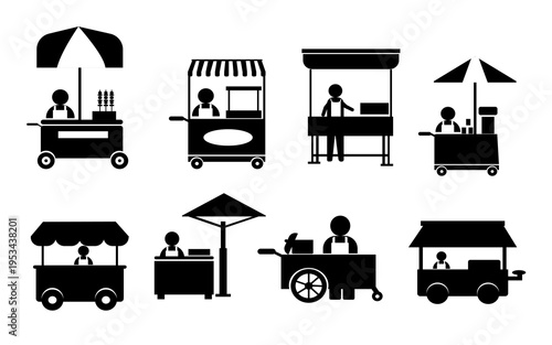 Street food stall icon set food cart and street market icon collection