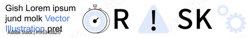Risk management, decision-making, workflow optimization, business strategy, problem-solving, and planning. Clock, alert icon and gears spelling the word risk. Risk management and decision-making