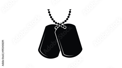 Black dog tags hang suspended a stark military emblem silhouette