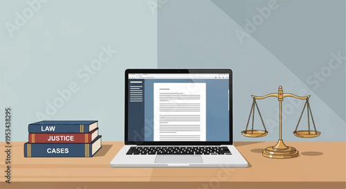 Laptop on desk with law books and justice scales symbolizing legal research and judgment with a serene background