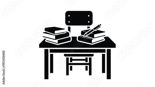 School supplies arranged on a desk including books and a pen silhouette