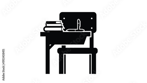 A school desk with books and a laptop minimalist silhouette