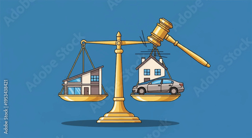 Lawyer scales balancing house and car on golden plates with gavel on blue background symbolizing property and transportation legal decisions