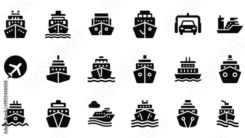 Set of ship icons, cruise ship, container ship, boat, yacht, transport ship, passenger ship, tanker ship, bulk carrier