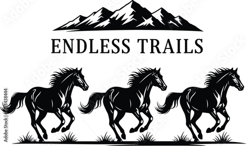 Black silhouettes of three horses galloping through tall grass with mountain range above