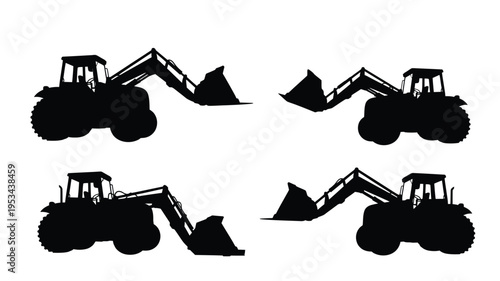 Four black silhouettes of construction loaders against a white background silhouette