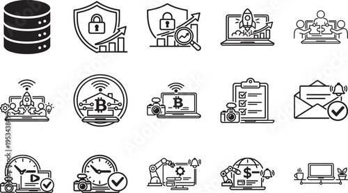 Collection of modern technology and business icons representing data security finance and teamwork perfect for web and app design