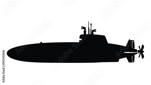 Detailed black submarine profile against a white background silhouette